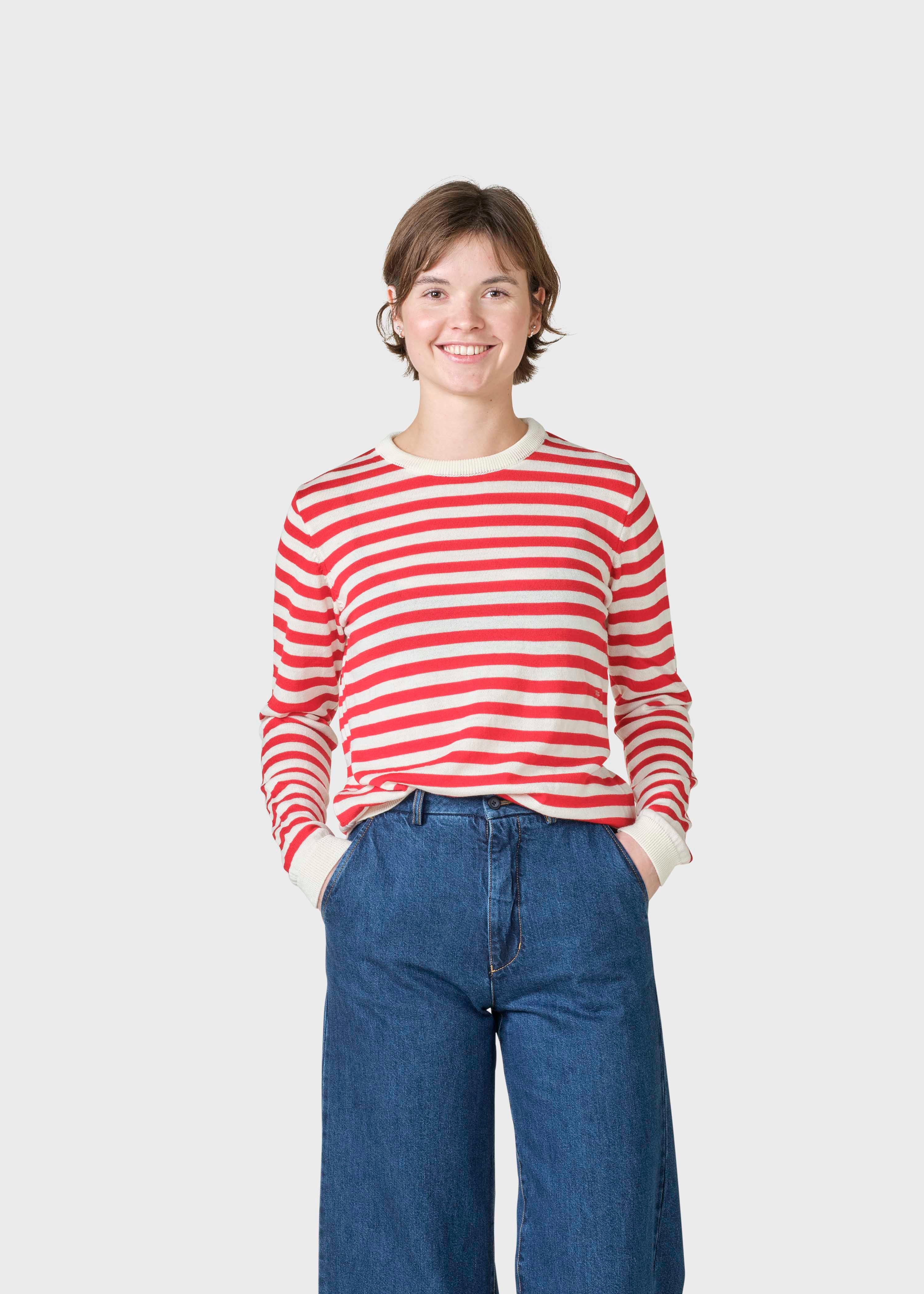 Womens Basic Stripe Merino Knit - Cream/red