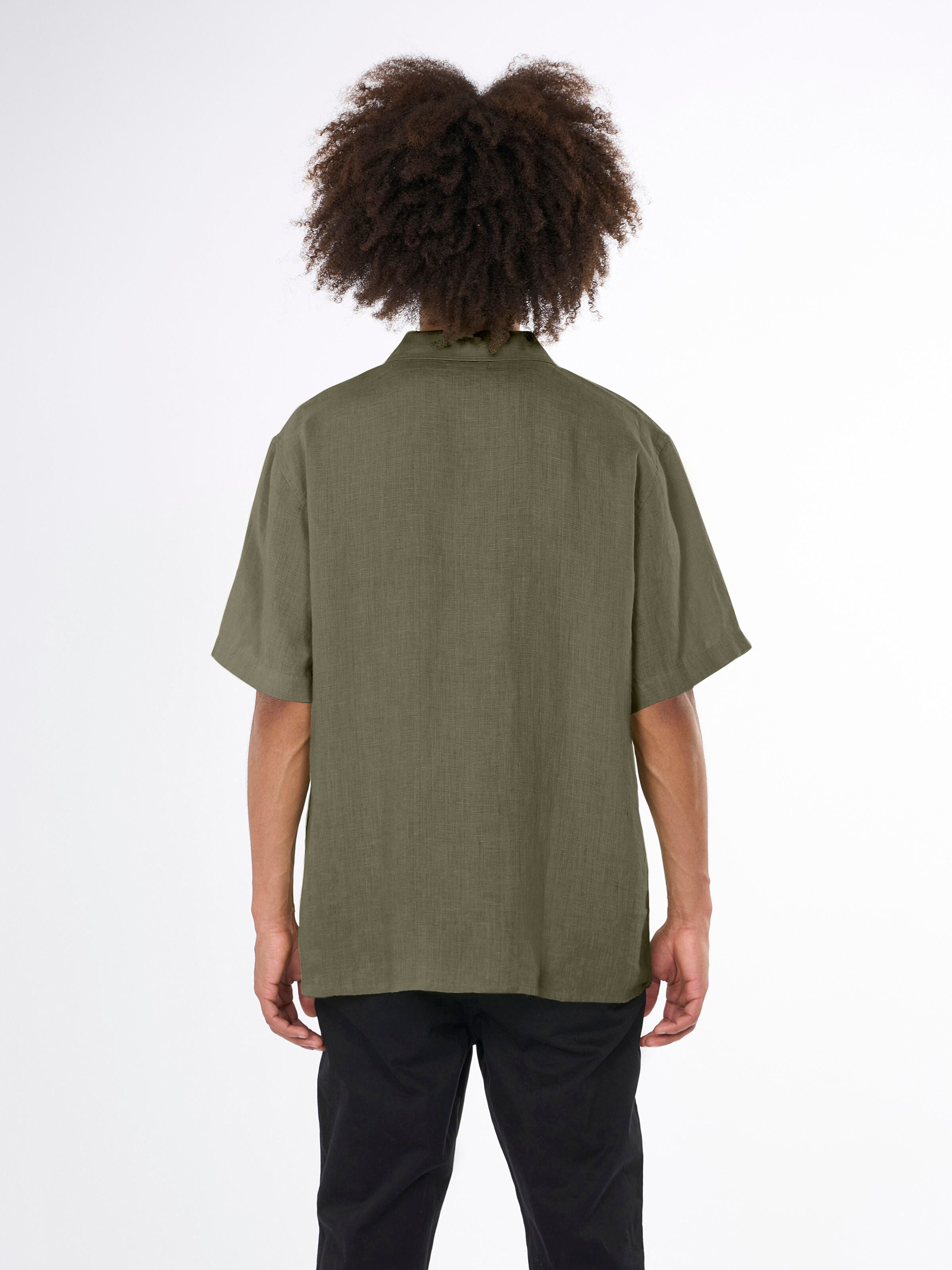 KnowledgeCotton Apparel - Box fit short sleeved linen shirt GOTS/Vegan - Burned Olive