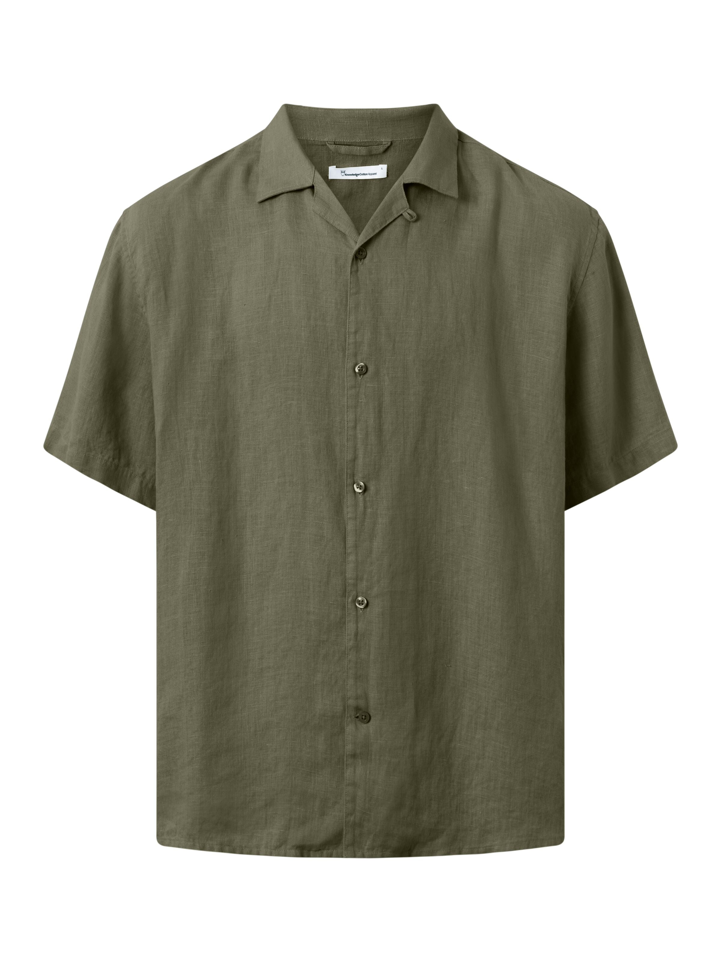 KnowledgeCotton Apparel - Box fit short sleeved linen shirt GOTS/Vegan - Burned Olive