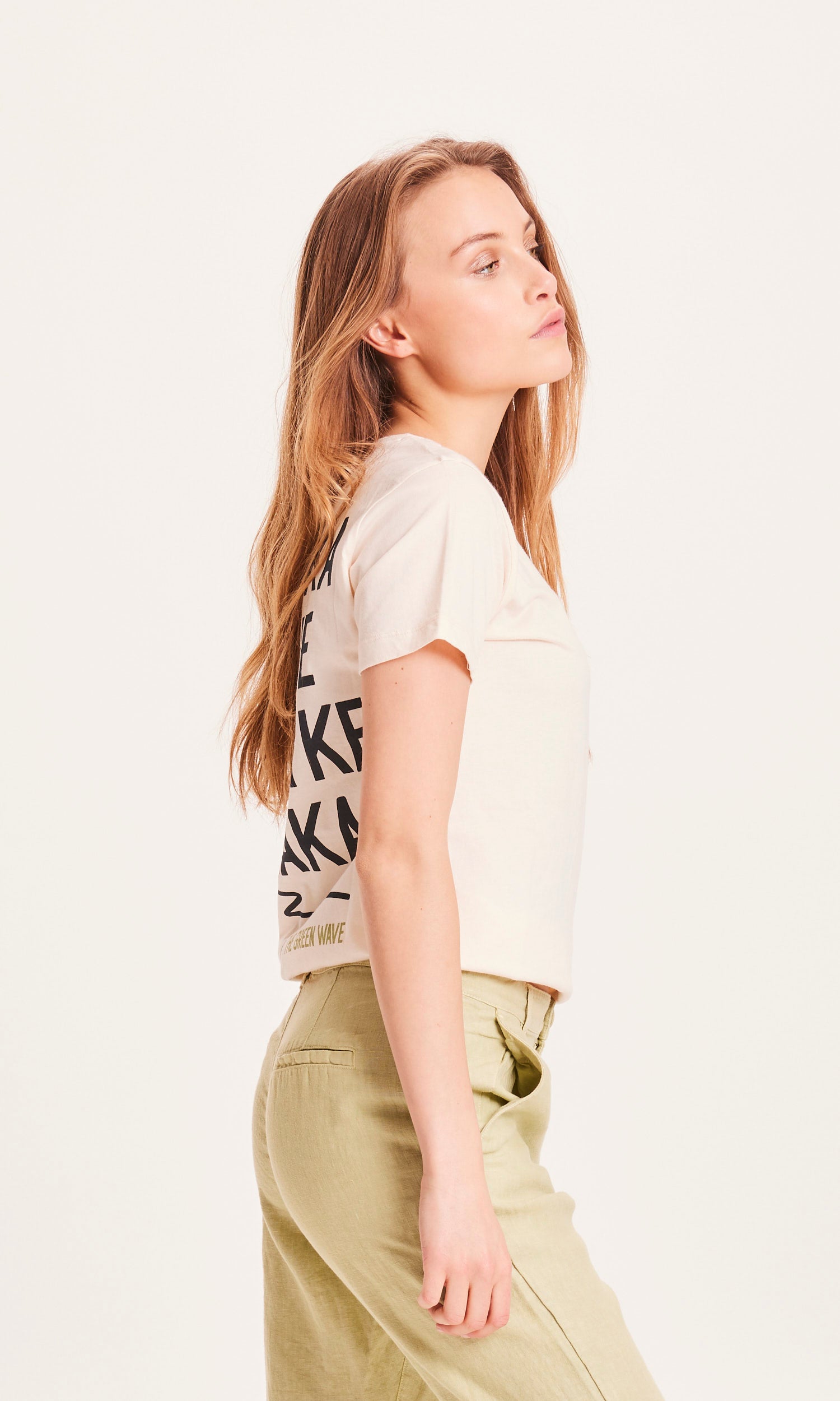 KnowledgeCotton Apparel - ROSA The Green Wave T-shirt - GOTS/Vegan- Butter Cream