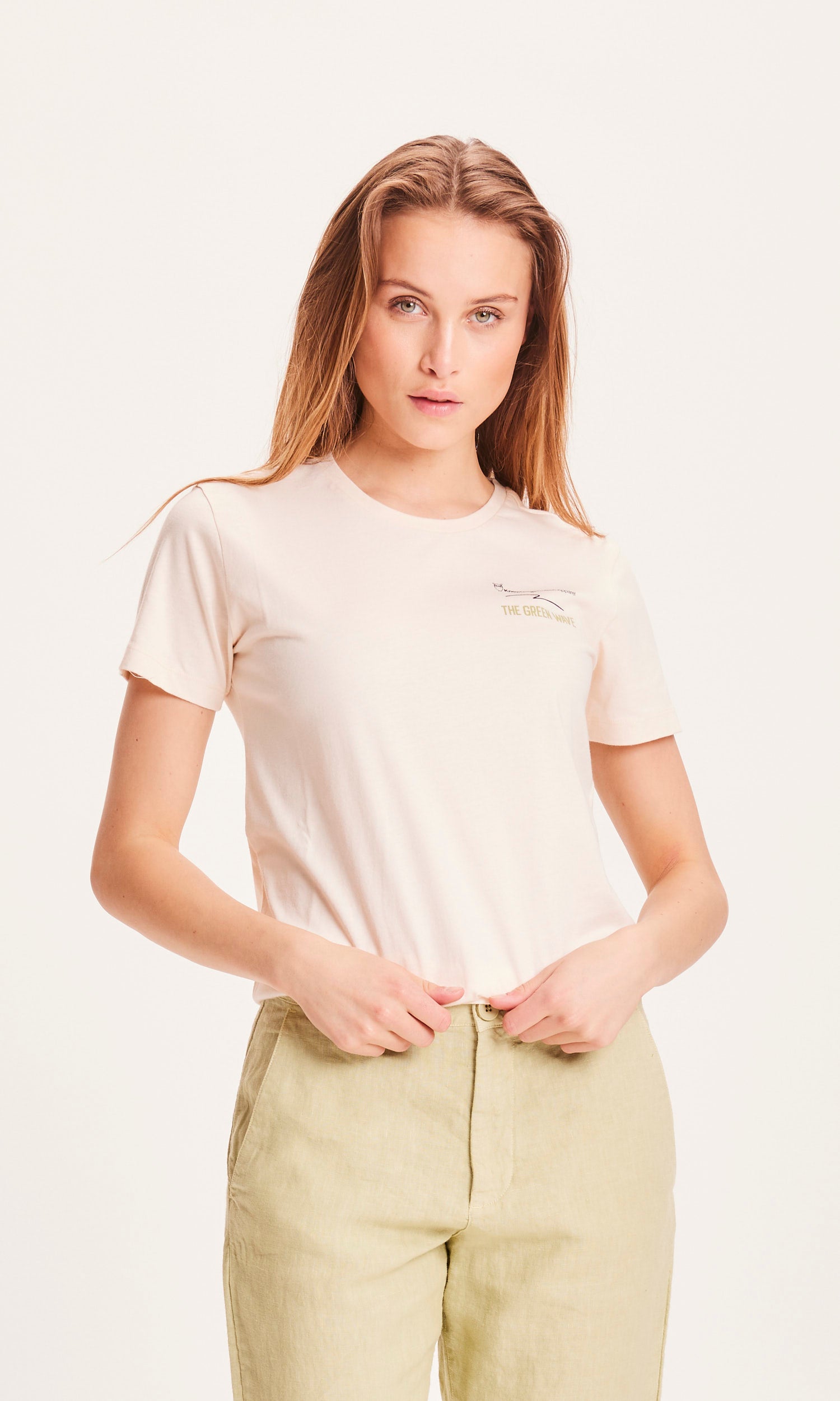 KnowledgeCotton Apparel - ROSA The Green Wave T-shirt - GOTS/Vegan- Butter Cream